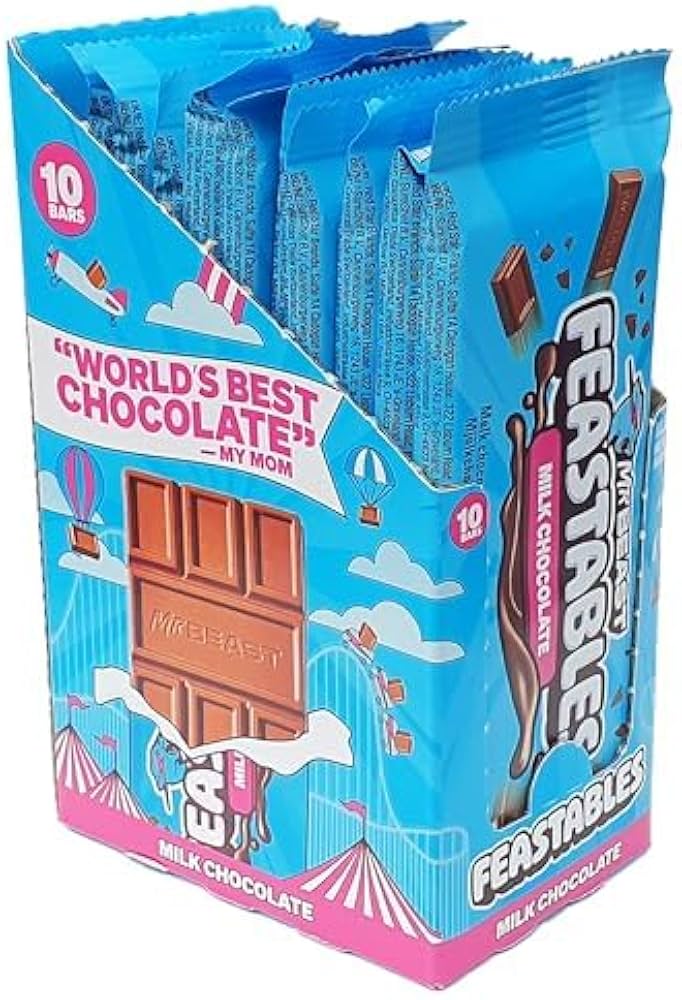 Feastables MrBeast Milk Chocolate - Tableta de chocolate con leche - Paquete a granel de 10 tabletas de chocolate de 60 g - Ideal para regalar y para fiestas de cumpleaños