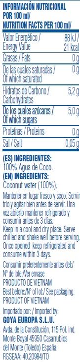 Goya Agua de Coco 330 ml, 100% Agua de Coco Natural Sin Azúcar, Hidratante y Reconstituyente con Electrolitos y Minerales