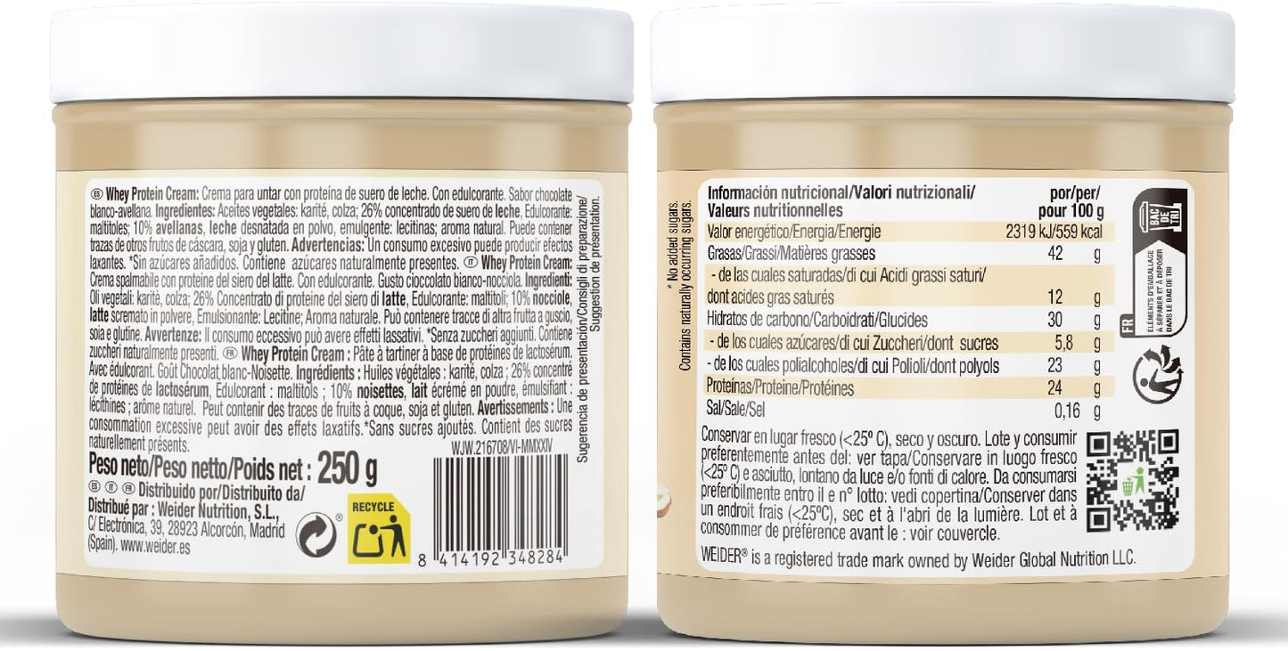 Weider Whey Protein White Spread 250 g. Crema de chocolate Blanco con 22% de proteínas Baja en azúcares Sin aceite de palma y sin gluten