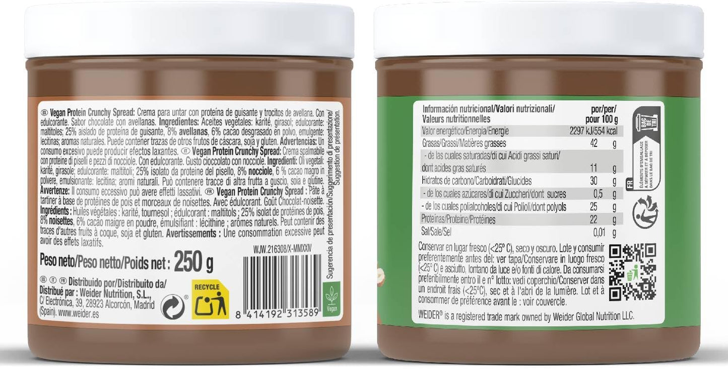 Weider Whey Protein Crunchy Choco Vegan Spread. 100% vegana, Baja en azúcares, efecto crunchy, 23% proteína de guisante, 250 g (Paquete de 1)