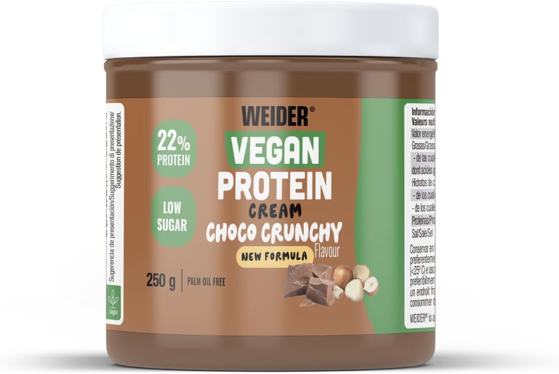 Weider Whey Protein Crunchy Choco Vegan Spread. 100% vegana, Baja en azúcares, efecto crunchy, 23% proteína de guisante, 250 g (Paquete de 1)