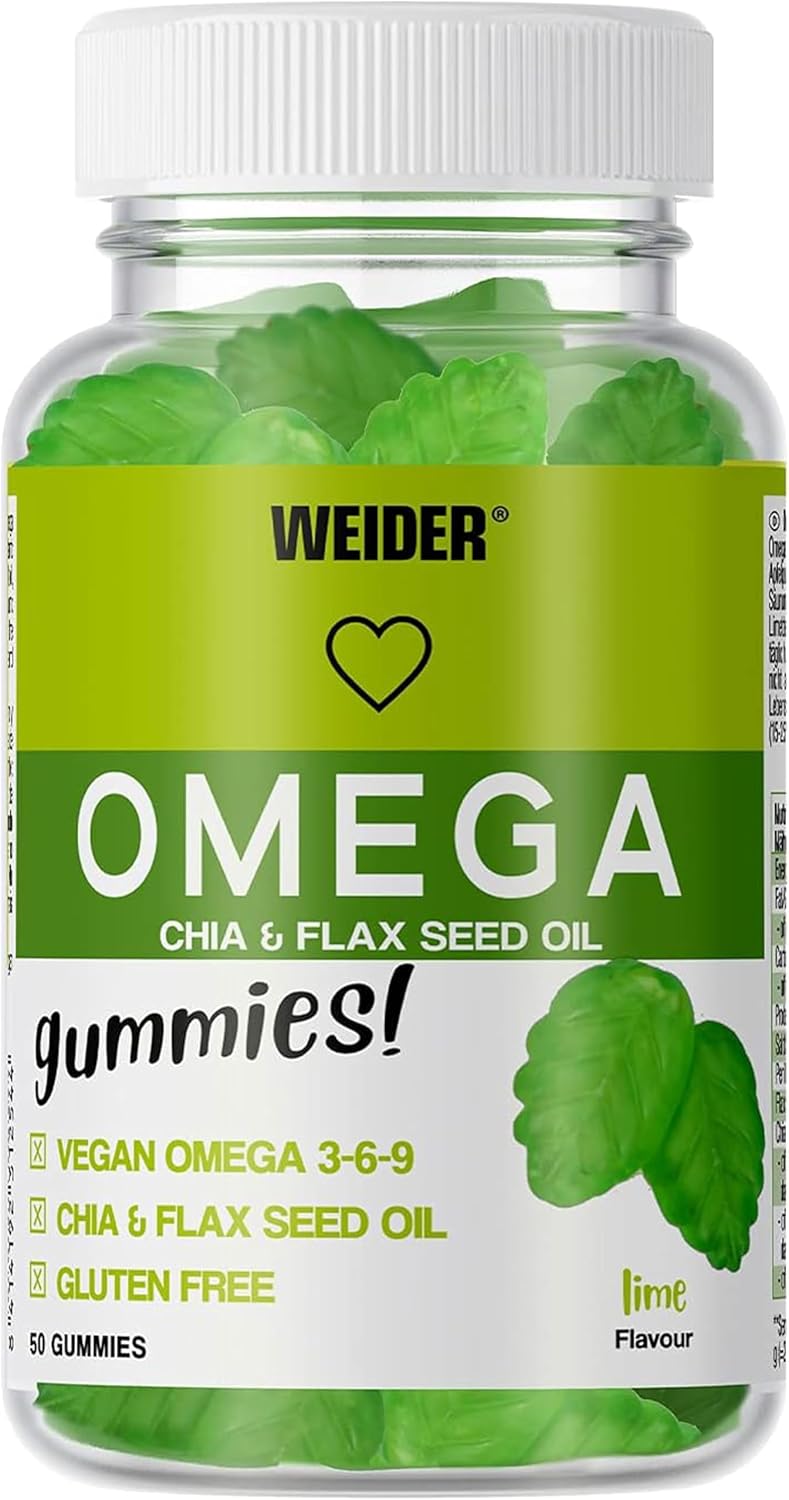 Weider - Omega Gummies, Gominolas de Ácidos Grasos Omega 3-6-9, 100% Vegetal con Semillas de Chía y Lino, Sin Azúcares y Sin Gluten, Apta para Veganos, Sabor Lima - Bote de 50 gominolas