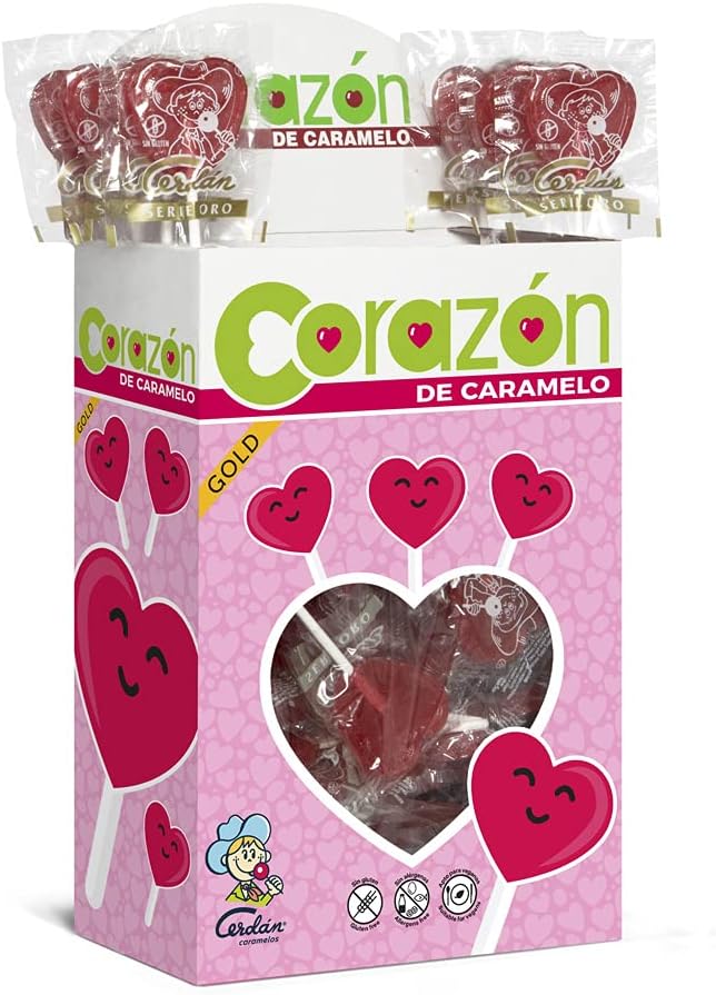 Cerdán Caramels - Gold Series Heart Lollipops Cherry Flavor | Gluten and Allergen Free Hard Candy with Stick | Ideal for Parties, Events and Birthdays | Box of 110 Units