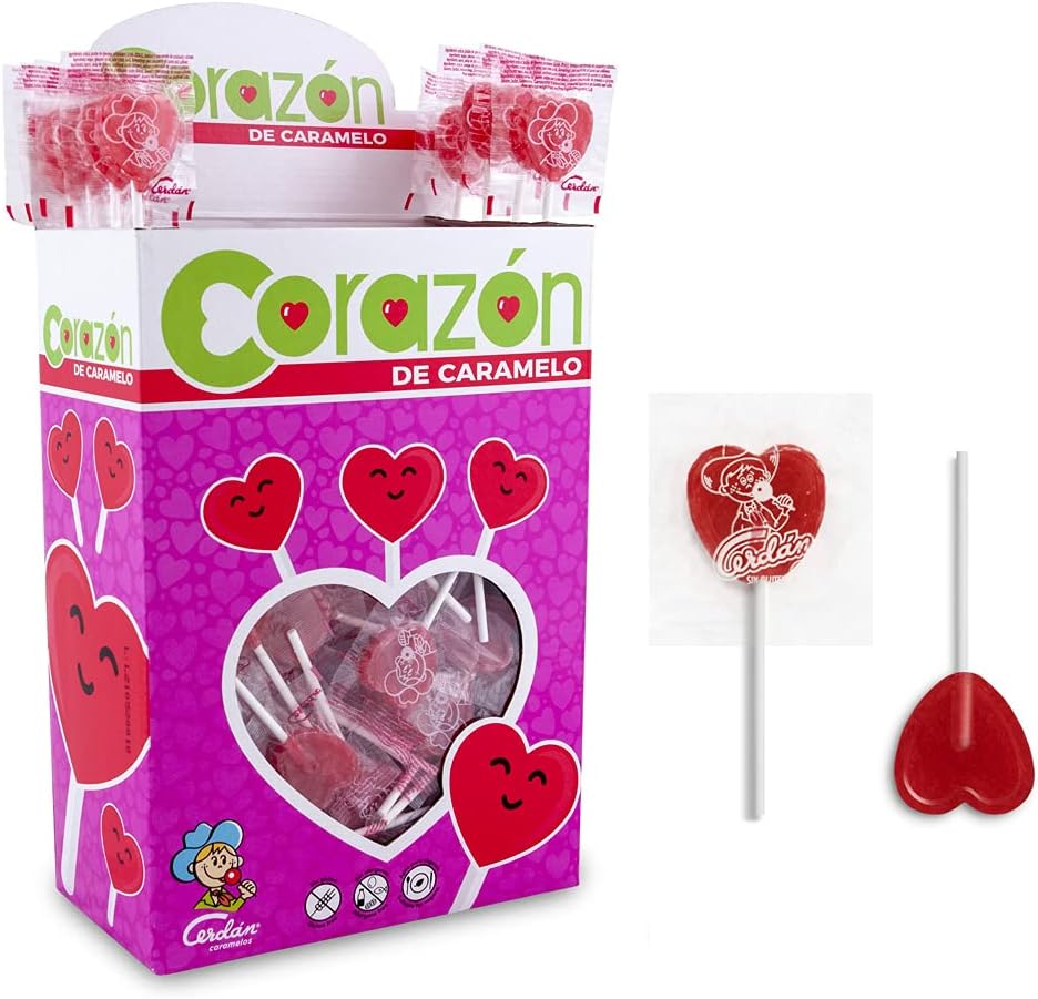 Cerdán Caramels - Mini Heart Lollipops Cherry Flavor | Gluten and Allergen Free Hard Candy with Stick | Ideal for Parties, Events and Birthdays | Box of 200 Units