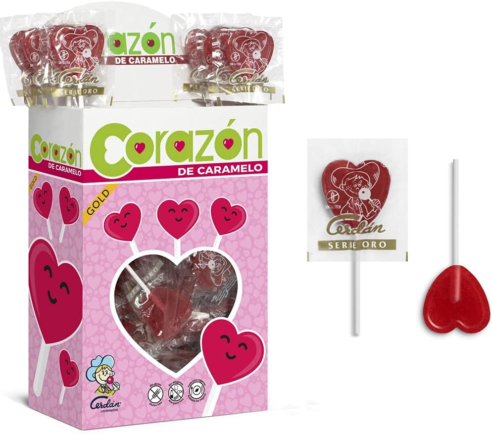 Cerdán Caramels - Gold Series Heart Lollipops Cherry Flavor | Gluten and Allergen Free Hard Candy with Stick | Ideal for Parties, Events and Birthdays | Box of 110 Units