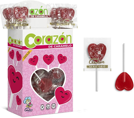 Caramelos Cerdán - Piruletas Corazón Serie Oro Sabor Cereza | Caramelo Duro con Palo Sin Gluten ni Alérgenos | Ideal para Fiestas, Eventos y Cumpleaños | Estuche de 110 Unidades