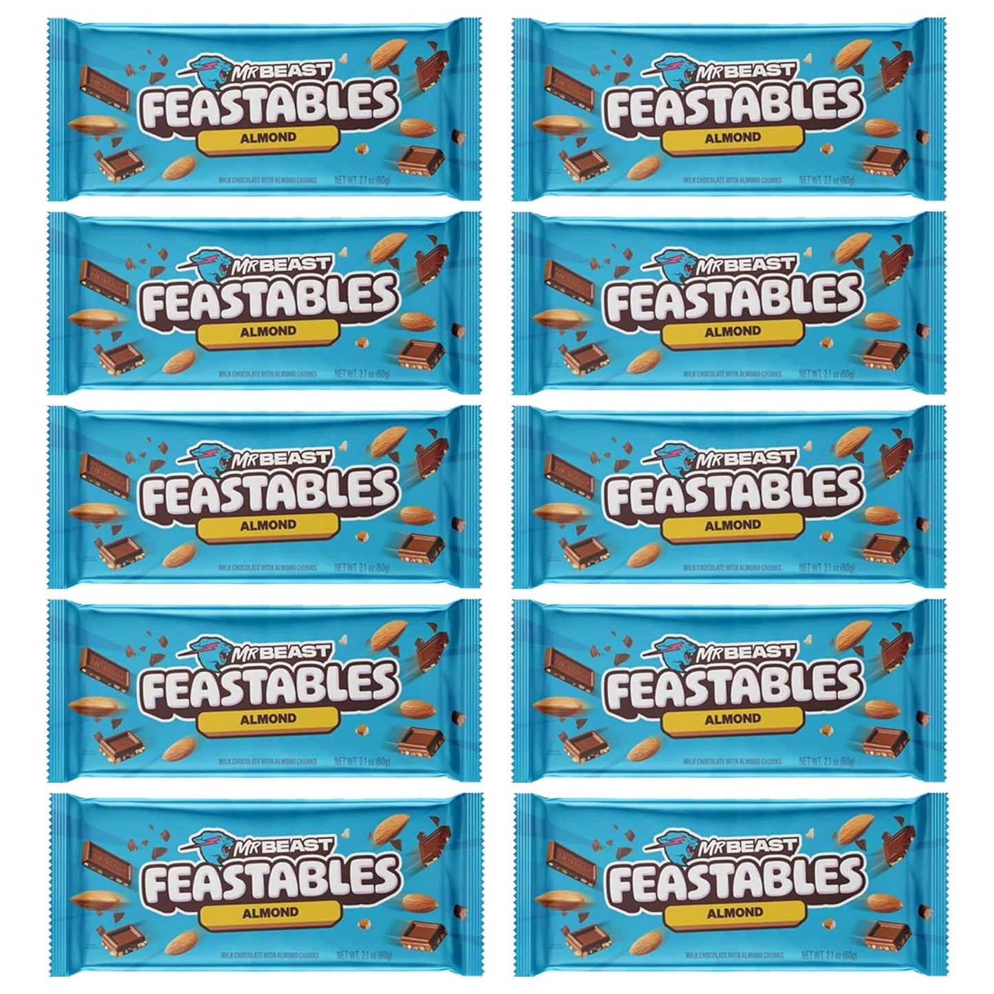 Feastables MrBeast Almond Chocolate - Tableta de chocolate con Almendra - Paquete a granel de 10 tabletas de chocolate de 60 g - Ideal para regalar y para fiestas de cumpleaños