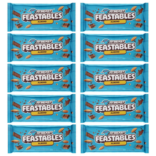 Feastables MrBeast Almond Chocolate - Tableta de chocolate con Almendra - Paquete a granel de 10 tabletas de chocolate de 60 g - Ideal para regalar y para fiestas de cumpleaños