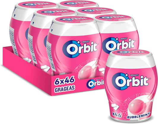 Frasco Orbit de Goma de Mascar Sem Açúcar Bubblemint, Frutado, Fresco, Intenso e Duradouro em Formato Drageia (6 x 46 Gomas de Mascar)