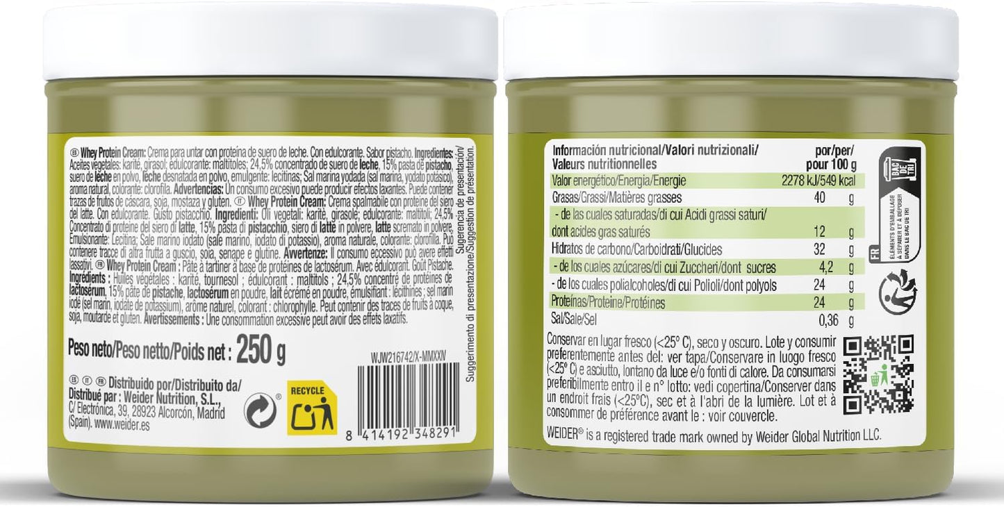 Weider Whey Protein Cream (250g) Sabor Pistacho, Crema de untar con 24% de Proteínas, con Proteína de Suero de Leche, Sin Azúcar Añadido, Sin Aceite de Palma