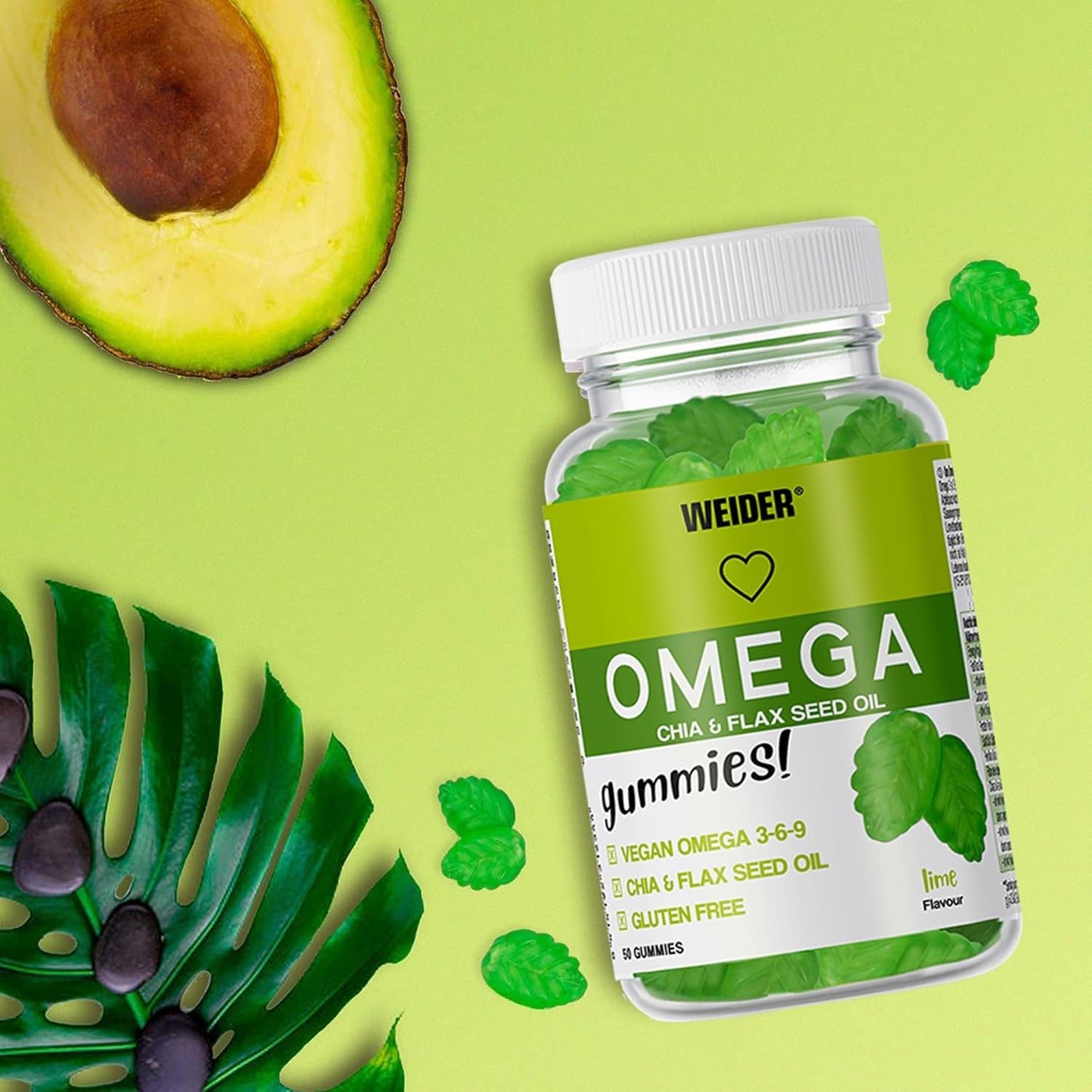 Weider - Omega Gummies, Gominolas de Ácidos Grasos Omega 3-6-9, 100% Vegetal con Semillas de Chía y Lino, Sin Azúcares y Sin Gluten, Apta para Veganos, Sabor Lima - Bote de 50 gominolas