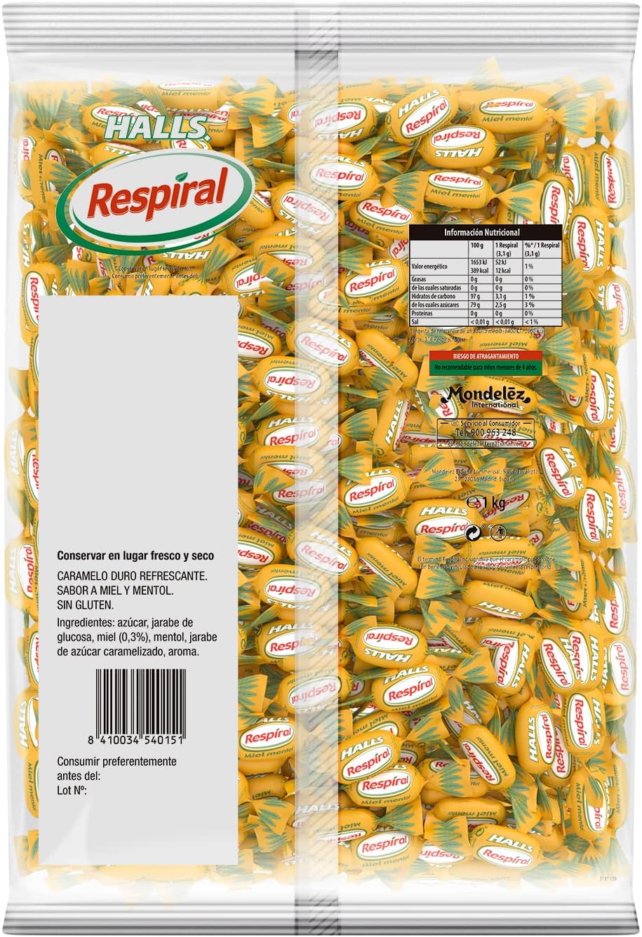 Halls Respiral Refreshing Hard Candies Honey and Menthol Flavor Gluten Free - 1kg