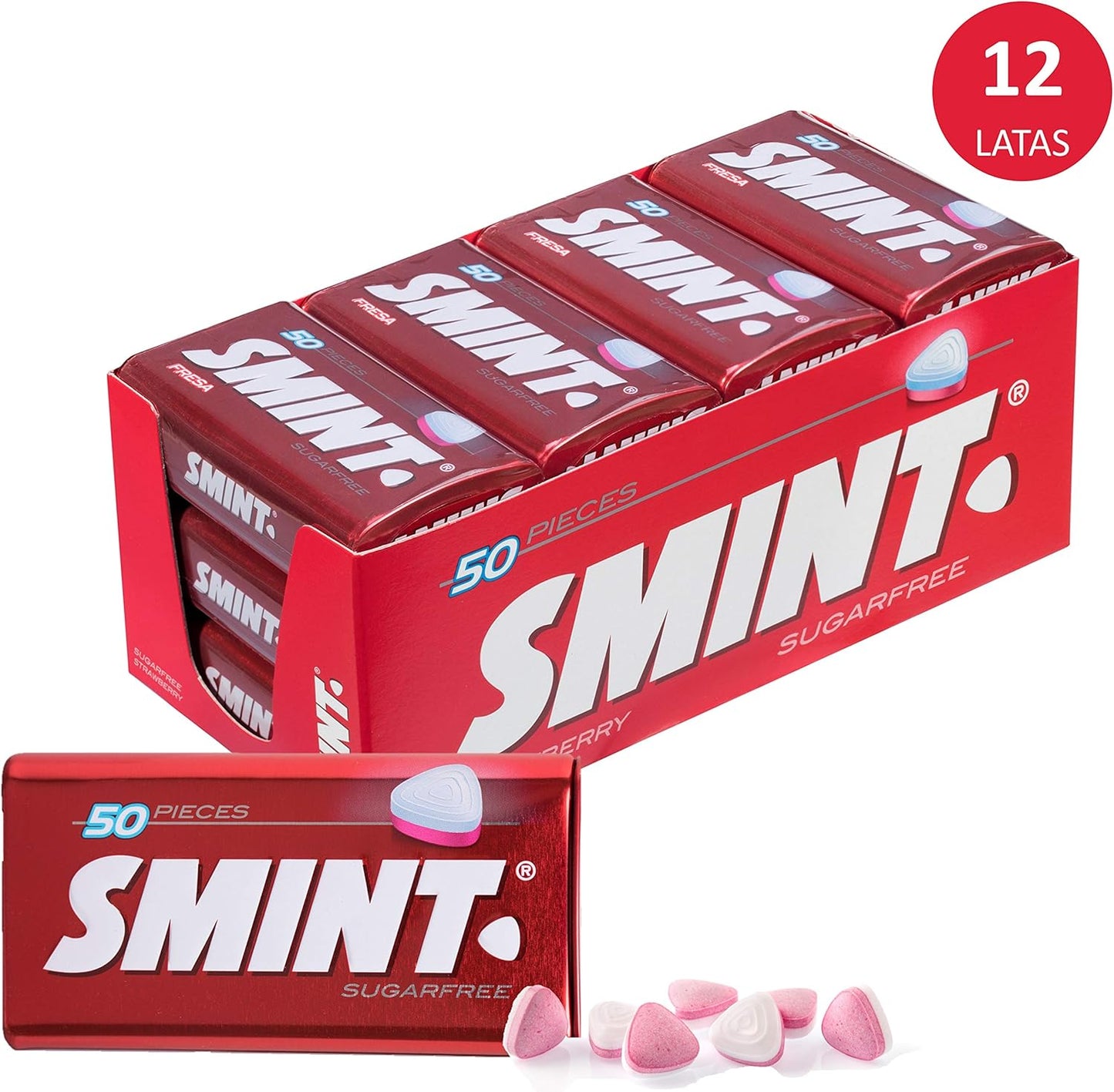 Smint Tin Strawberry, Sugar Free Compressed Candy - 12 units of 35 gr. (Total 420 gr.)