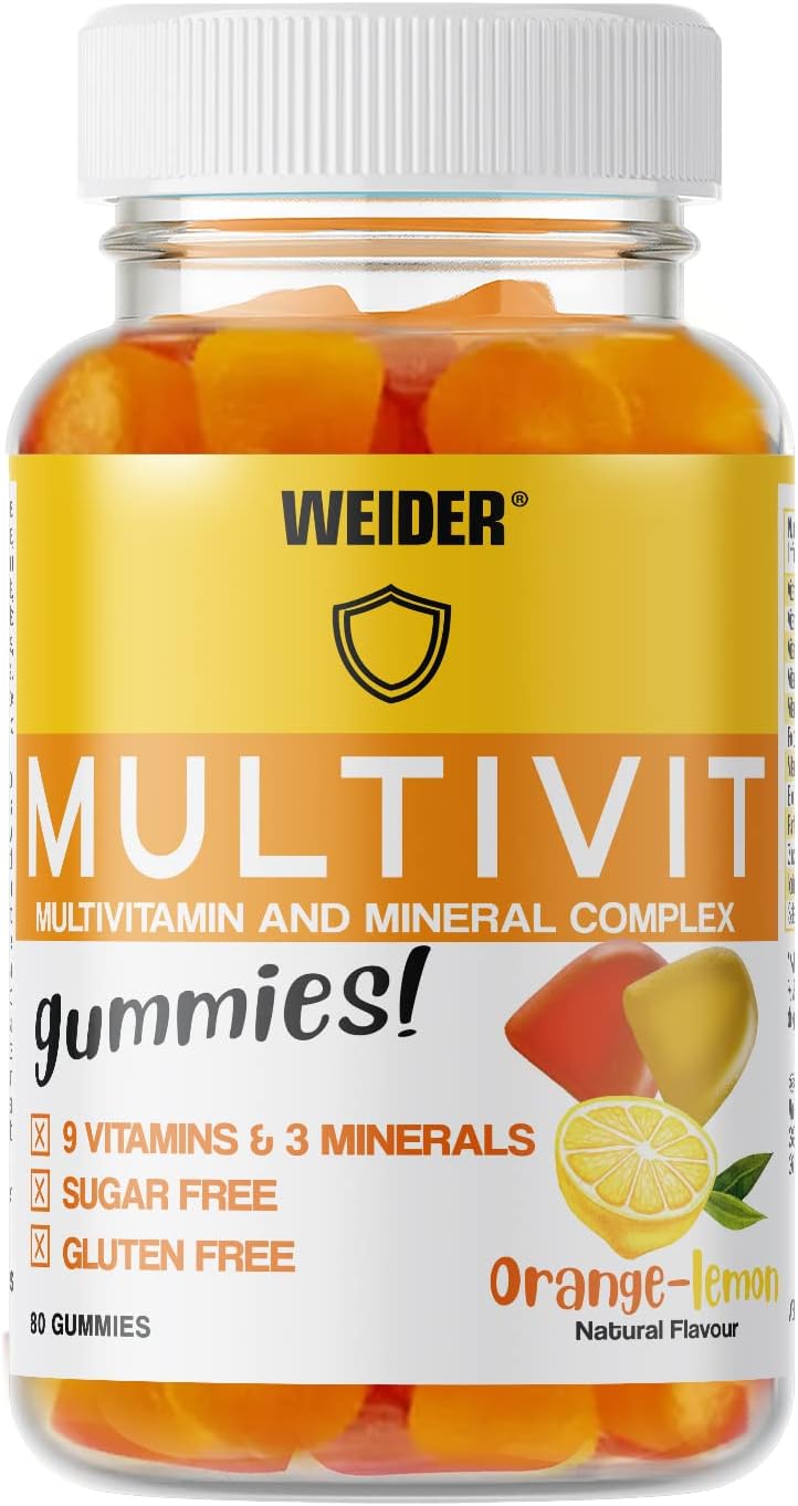 Weider Victory Multivitaminas 80 gummies, Sabor naranja y limón, Sin azúcares y sin gluten, Gominolas de vitaminas y minerales