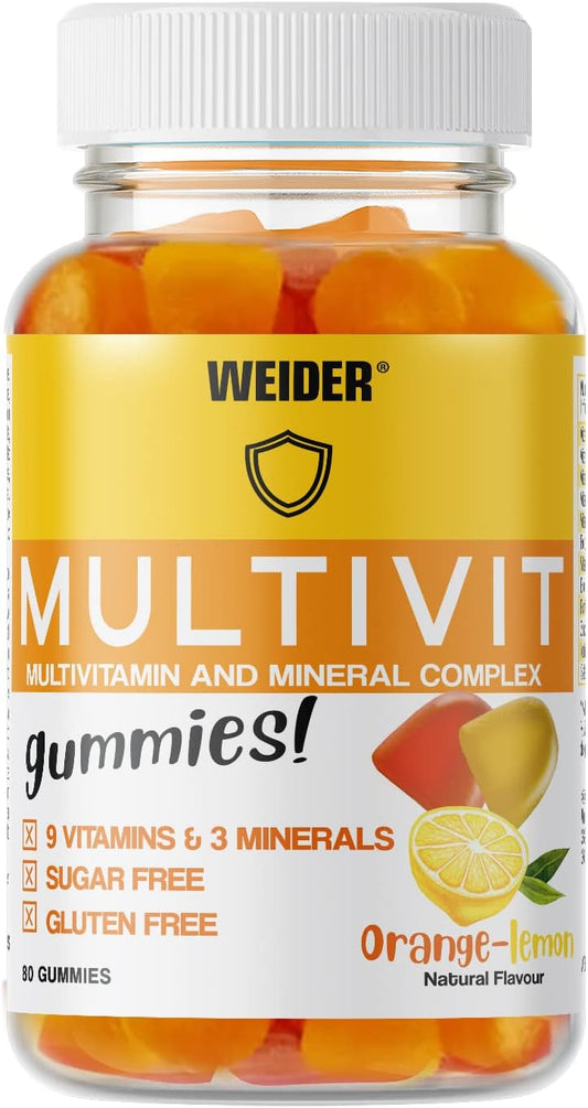 Weider Victory Multivitaminas 80 gummies, Sabor naranja y limón, Sin azúcares y sin gluten, Gominolas de vitaminas y minerales