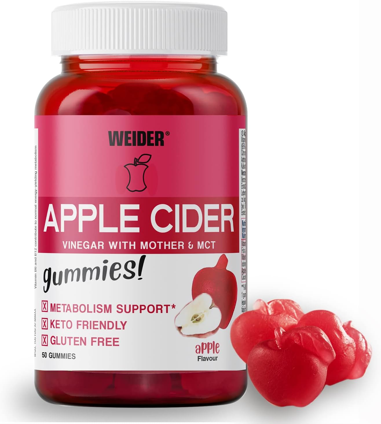 Weider Apple cider vinegar Gummies. Gominolas de vinagre de manzana. Sin Azúcares y Sin Gluten. 50 gummies. Sabor manzana.