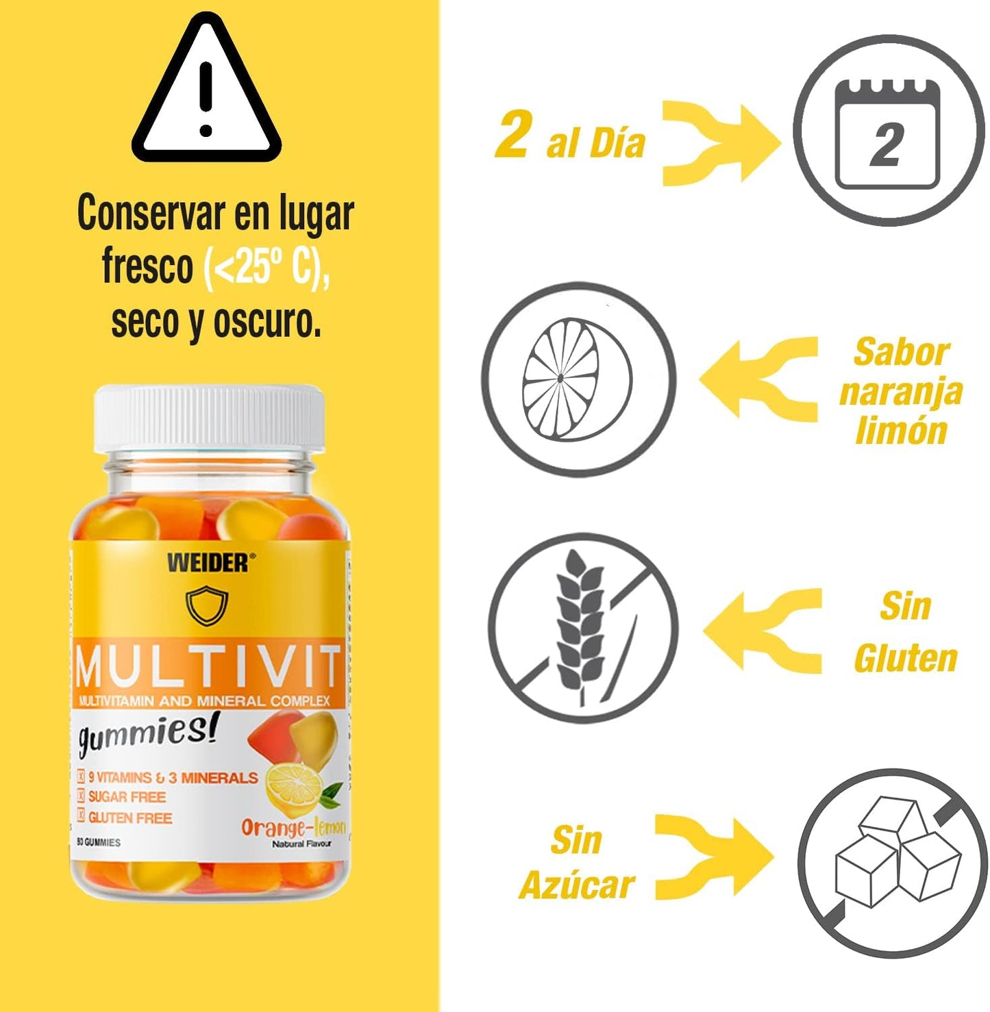Weider Victory Multivitaminas 80 gummies, Sabor naranja y limón, Sin azúcares y sin gluten, Gominolas de vitaminas y minerales