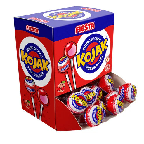 FIESTA Kojak Caramelo con Palo Sabor Cereza Relleno de Chicle - Caja 20 Unidades