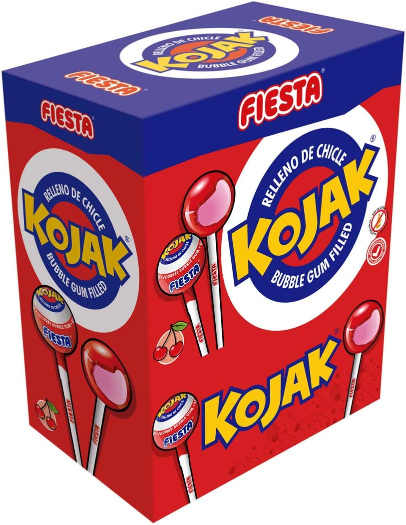 FIESTA Kojak Caramelo con Palo Sabor Cereza Relleno de Chicle - Caja de 100 unidades