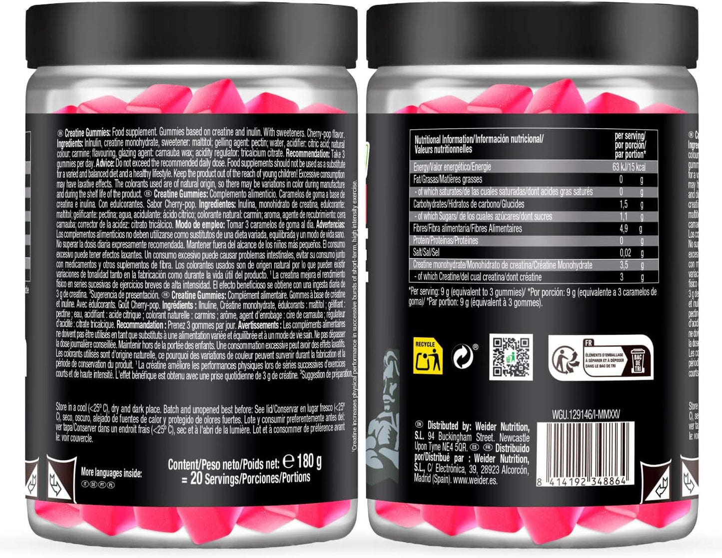 Weider Premium Creatine Gummies (60 gominolas) Sabor Cereza, con 3,5g creatina monohidrato 100% Creapure/porción, ayuda a aumentar el rendimiento físico (20 porciones)