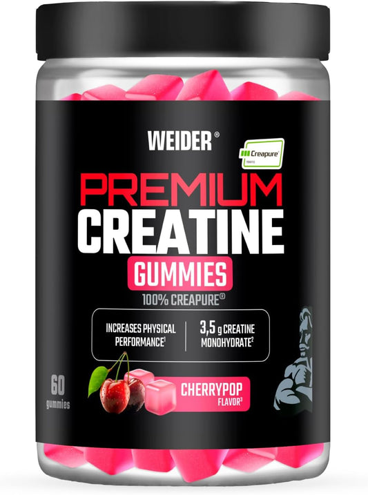 Weider Premium Creatine Gummies (60 gominolas) Sabor Cereza, con 3,5g creatina monohidrato 100% Creapure/porción, ayuda a aumentar el rendimiento físico (20 porciones)