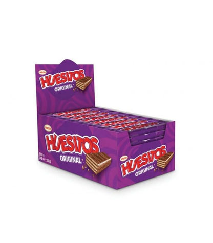 HUESITOS 48 UNDS. Barritas de galleta crujiente y ligera recubiertas de chocolate con leche Valor. Cada barrita pesa 20 gramos y va envuelta individualmente.
