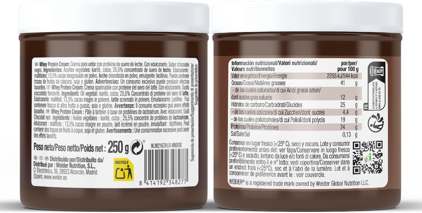 Weider Whey Protein Cream (250g) Sabor Chocolate Negro, Crema de untar con 24% de Proteínas, con Proteína de Suero de Leche, Sin Azúcar Añadido, Sin Aceite de Palma