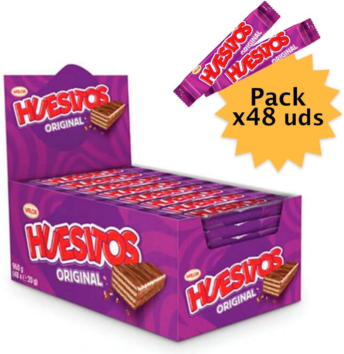 HUESITOS 48 UNDS. Barritas de galleta crujiente y ligera recubiertas de chocolate con leche Valor. Cada barrita pesa 20 gramos y va envuelta individualmente.