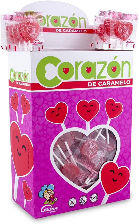 Caramelos Cerdán - Piruletas Mini Corazón Sabor Cereza | Caramelo Duro con Palo sin Gluten ni Alérgenos | Ideal para Fiestas, Eventos y Cumpleaños | Estuche de 200 Unidades