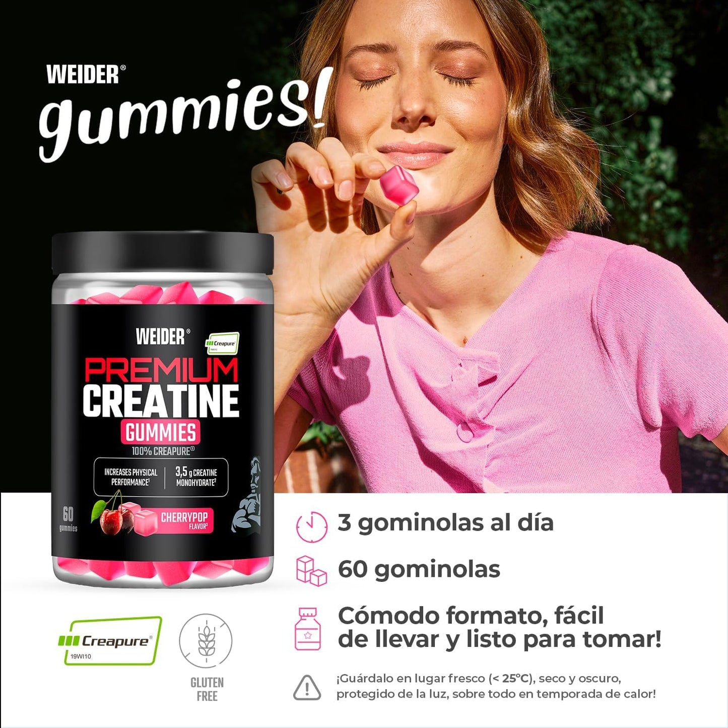 Weider Premium Creatine Gummies (60 gominolas) Sabor Cereza, con 3,5g creatina monohidrato 100% Creapure/porción, ayuda a aumentar el rendimiento físico (20 porciones)