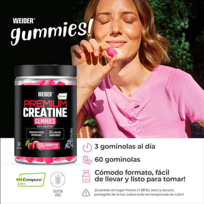 Weider Premium Creatine Gummies (60 gominolas) Sabor Cereza, con 3,5g creatina monohidrato 100% Creapure/porción, ayuda a aumentar el rendimiento físico (20 porciones)