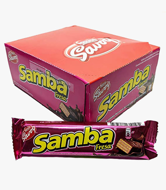 SAMBA Fresa, Galleta Cubierta de Chocolate Rellena sabor a Fresa, 20 Unidades de 1.1 oz c/u total 22.6 oz