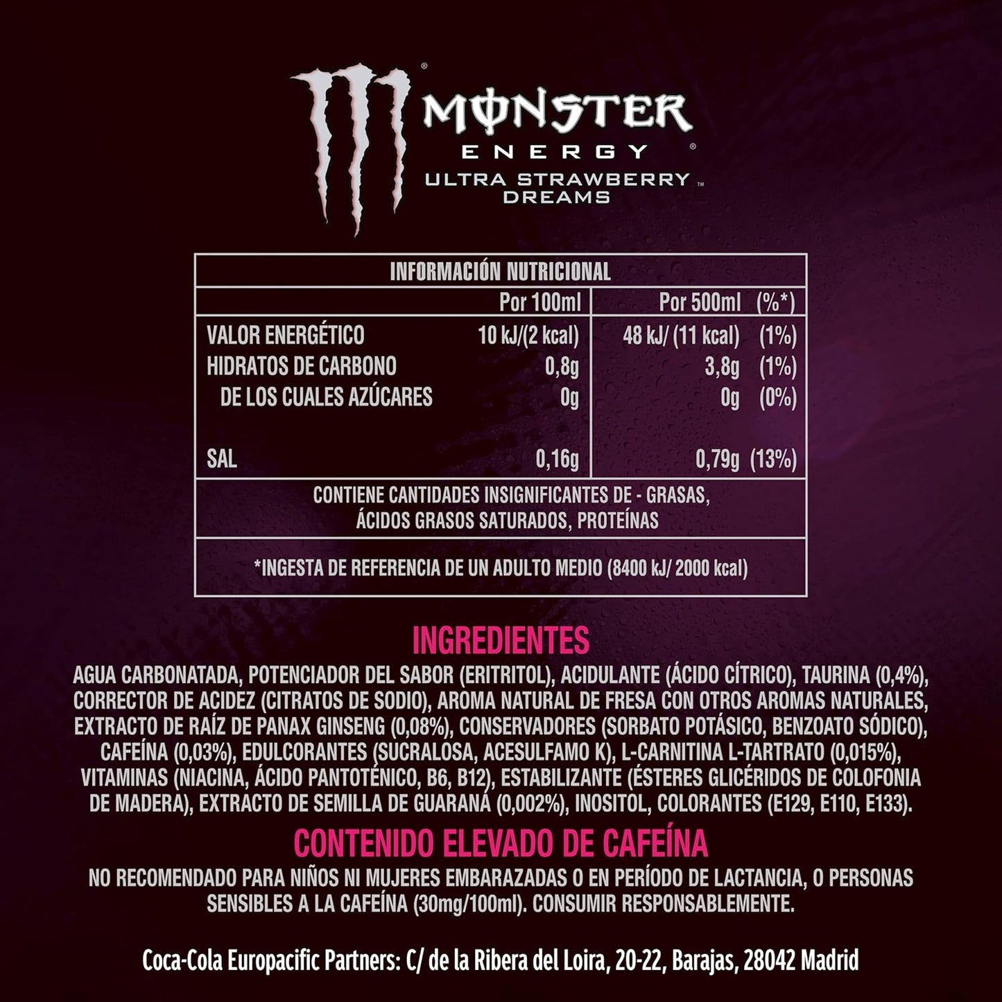 Monster Ultra Strawberry, Pack 24 latas de 500 ml