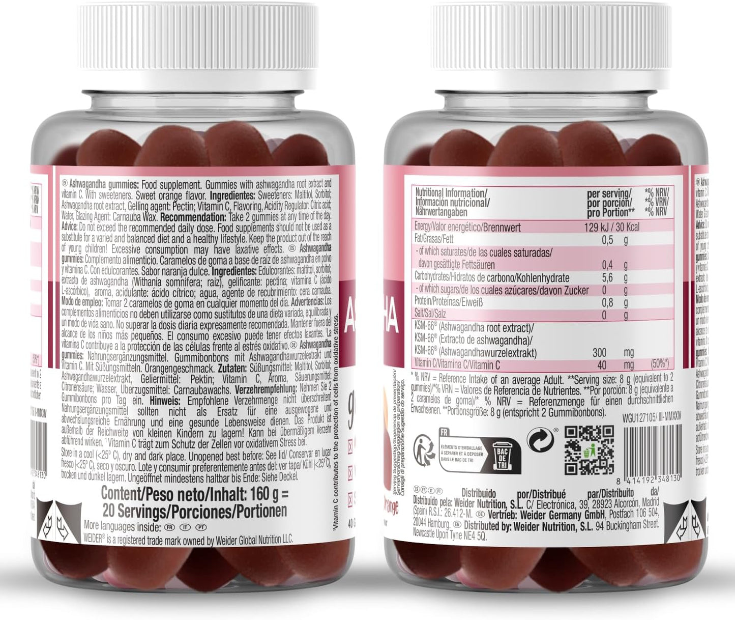 Weider Ashwagandha Gummies (40 gominolas) Sabor Naranja Dulce, con Extracto de Raíz Ashwaganda KSM-66 y Vitamina C, Ayuda a reducir el estrés e inducir el sueño, Sin Azúcar, Sin Gluten, 20 Porciones