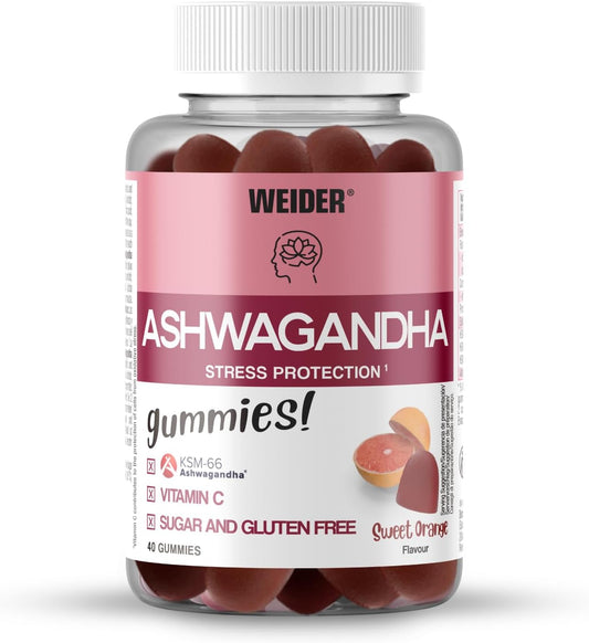 Weider Ashwagandha Gummies (40 gominolas) Sabor Naranja Dulce, con Extracto de Raíz Ashwaganda KSM-66 y Vitamina C, Ayuda a reducir el estrés e inducir el sueño, Sin Azúcar, Sin Gluten, 20 Porciones