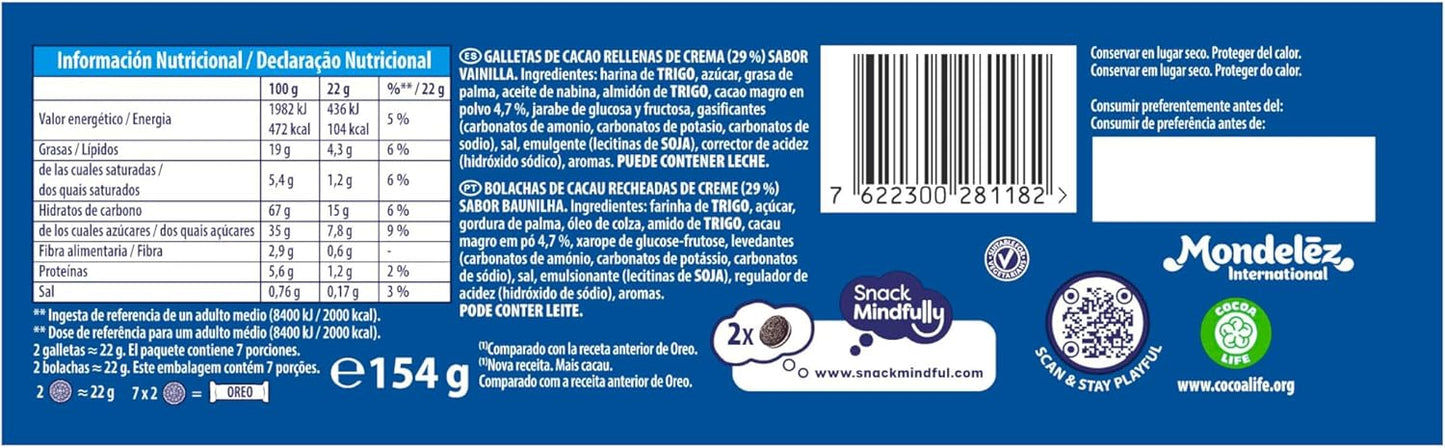 Oreo Original Galletas de Cacao Rellenas de Crema Sabor Vainilla 154g - Pack de 16