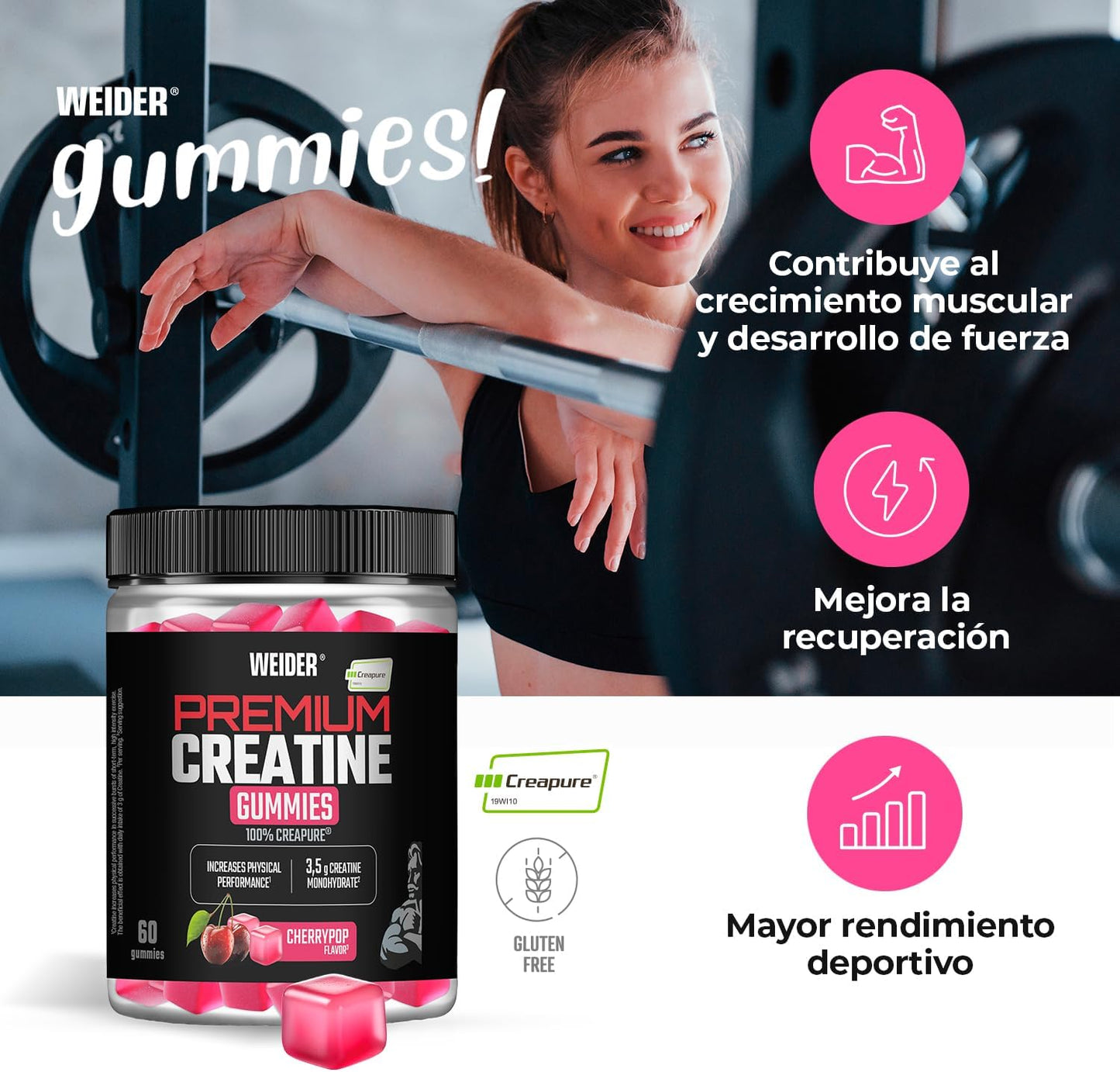 Weider Premium Creatine Gummies (60 gominolas) Sabor Cereza, con 3,5g creatina monohidrato 100% Creapure/porción, ayuda a aumentar el rendimiento físico (20 porciones)