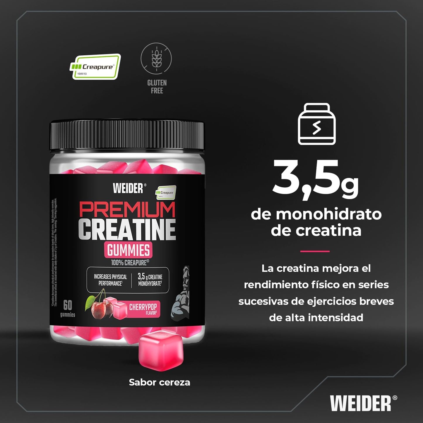 Weider Premium Creatine Gummies (60 gominolas) Sabor Cereza, con 3,5g creatina monohidrato 100% Creapure/porción, ayuda a aumentar el rendimiento físico (20 porciones)